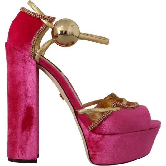 Dolce & Gabbana Pink Velvet Crystal Ankle Strap Sandals Shoes Dolce & Gabbana