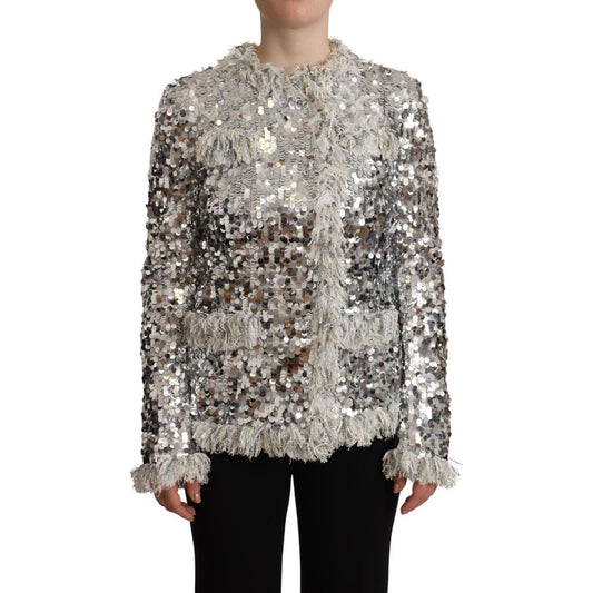 Dolce & Gabbana Silver Sequined Shearling Long Sleeves Jacket Dolce & Gabbana