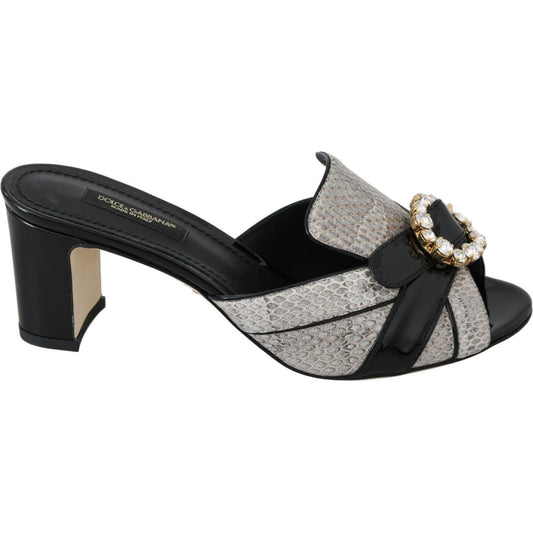 Dolce & Gabbana Black Gray Exotic Leather Crystals Sandals Shoes