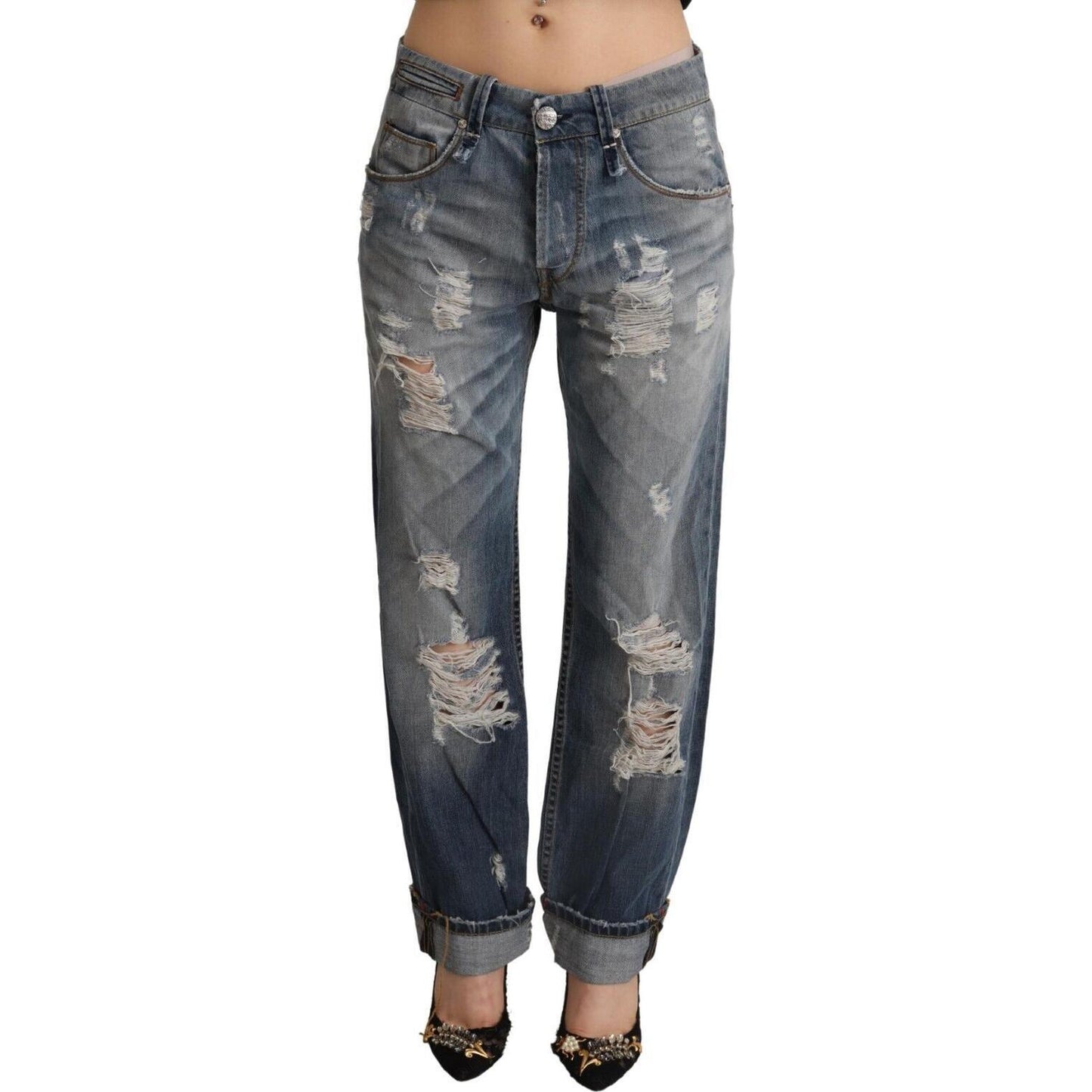 Acht Blue Tattered Mid Waist Straight Denim Cotton Jeans Acht