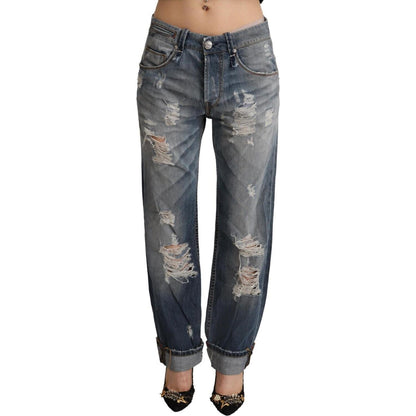 Acht Blue Tattered Mid Waist Straight Denim Cotton Jeans Acht
