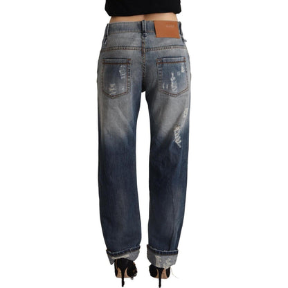 Acht Blue Tattered Mid Waist Straight Denim Cotton Jeans Acht