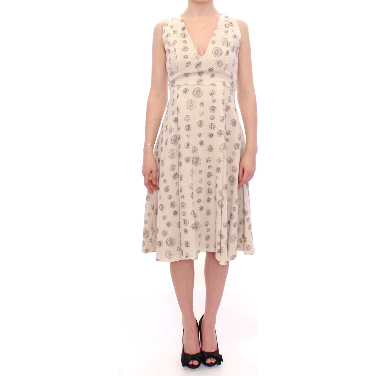 Andrea Incontri Elegant White Wool Shift Dress with Gray Print Andrea Incontri