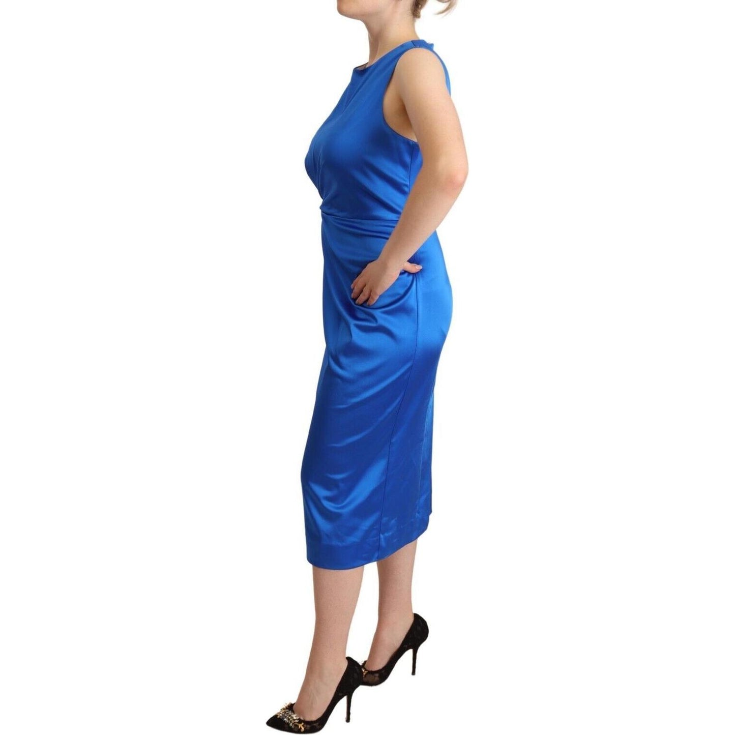 P.A.R.O.S.H. Blue Acetate Sleeveless Pleated Midi Sheath Dress P.A.R.O.S.H.