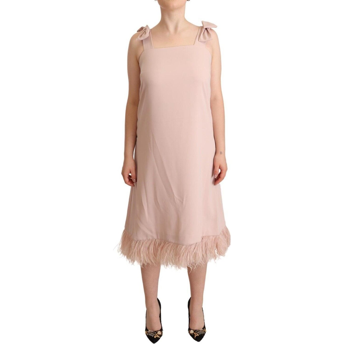 P.A.R.O.S.H. Pink Polyester Sleeveless Midi Feather Shift Dress