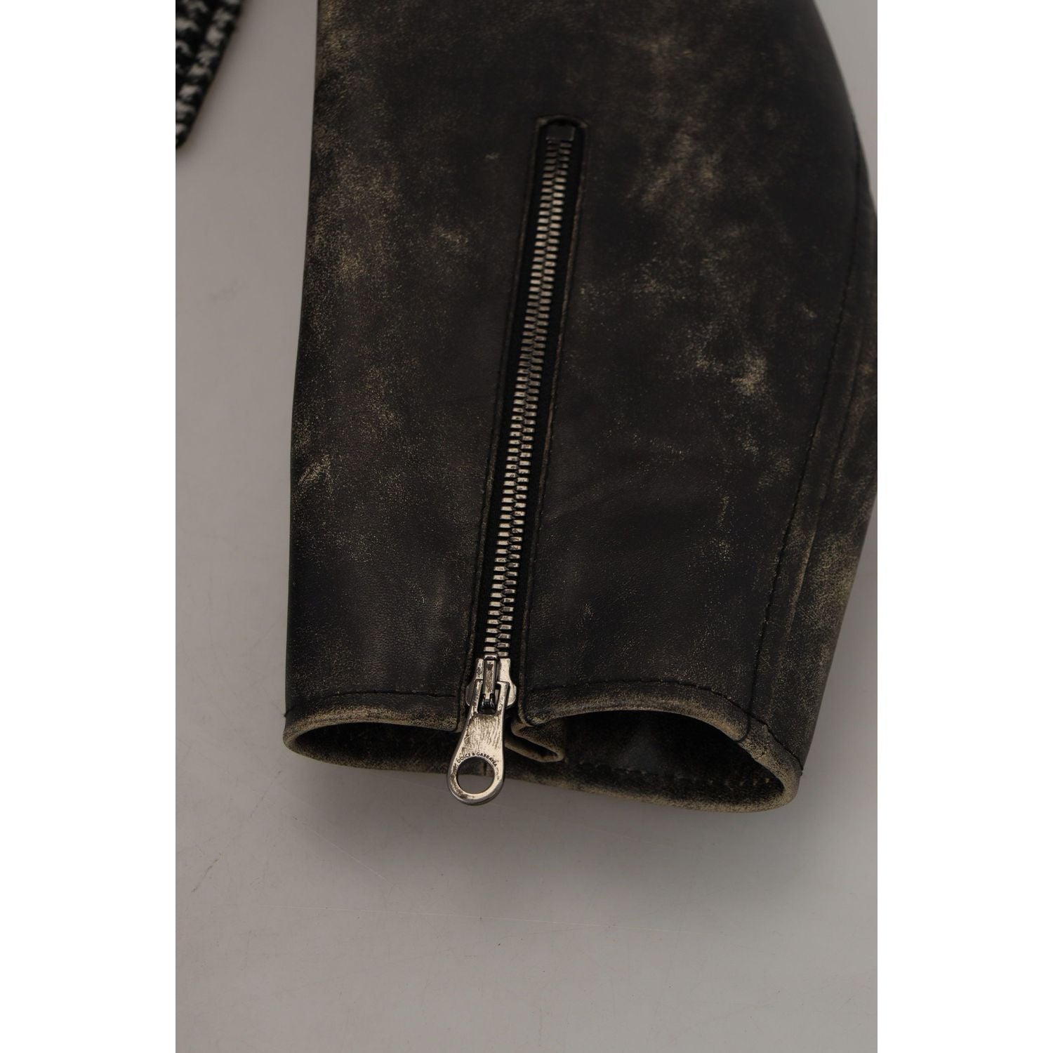 多色千鸟格皮革飞行员夹克