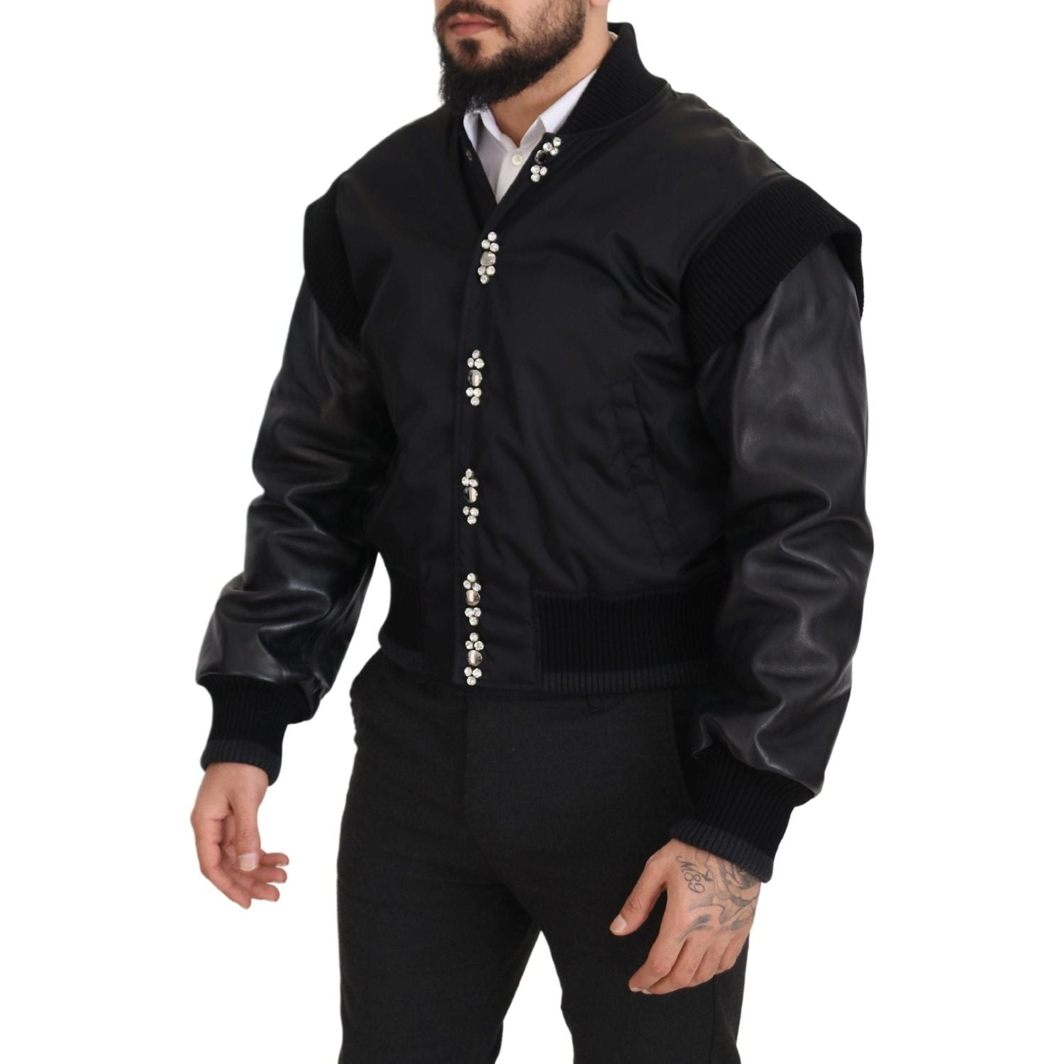 优雅黑色水晶缀饰飞行员夹克