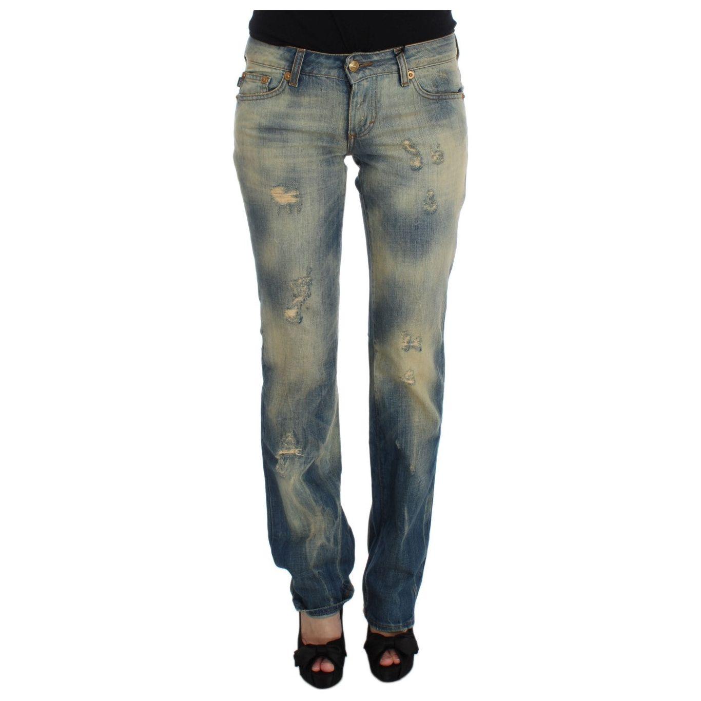 Cavalli Blue Wash Cotton Slim Fit Bootcut Jeans Cavalli