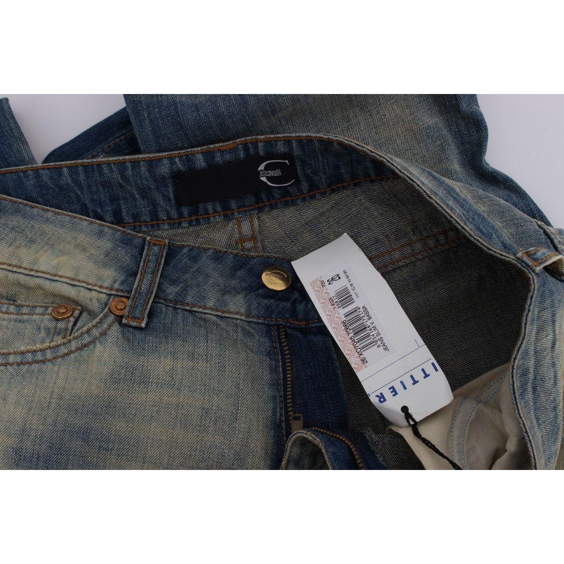 Cavalli Blue Wash Cotton Slim Fit Bootcut Jeans Cavalli