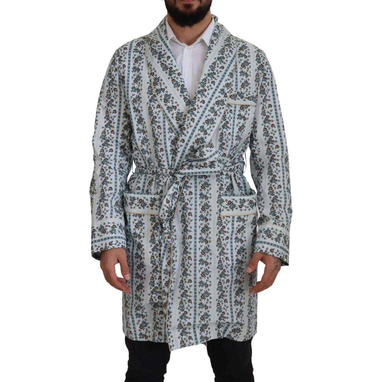 Dolce & Gabbana Blue Floral Cotton Robe Coat Jacket