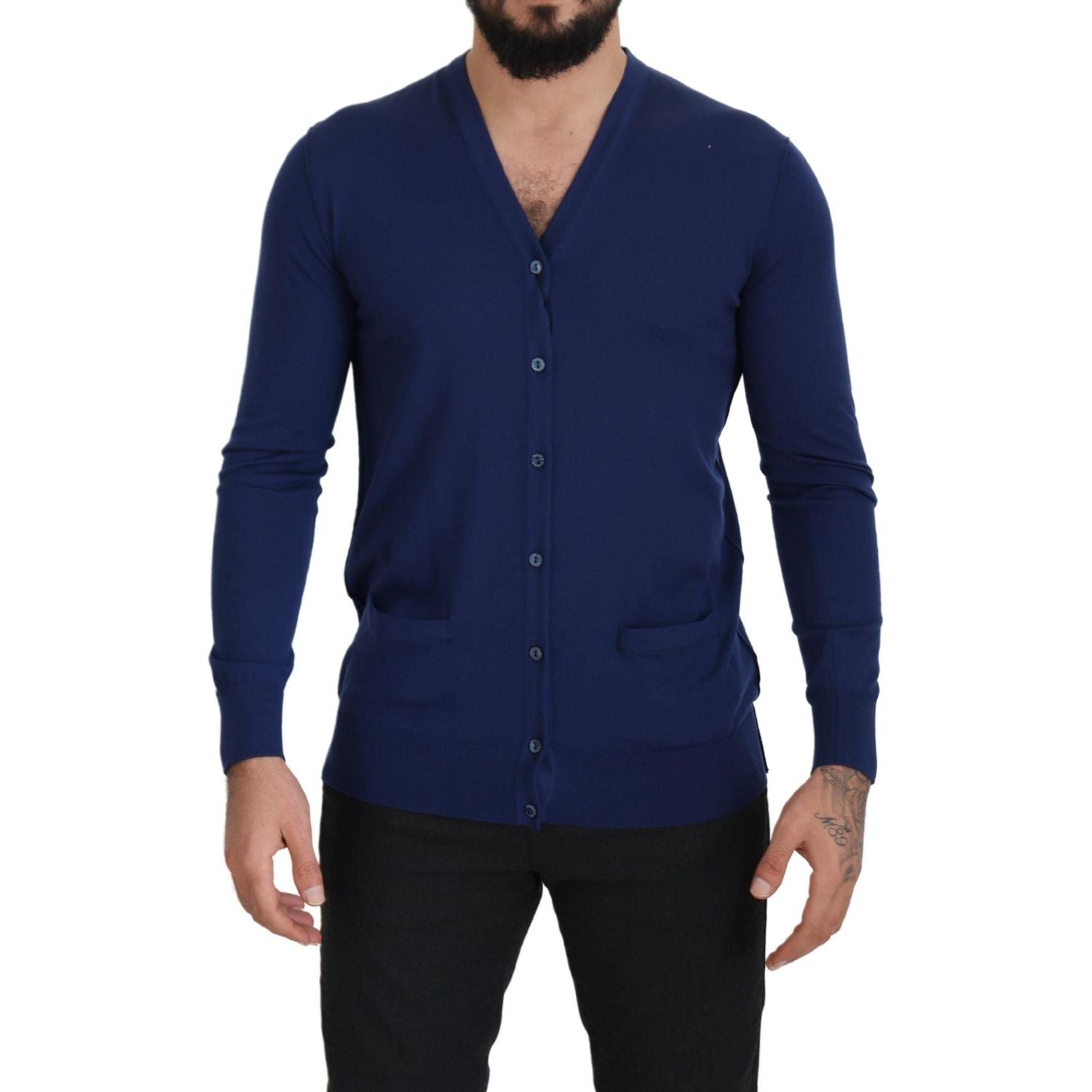 Dolce & Gabbana Blue Wool V-neck Button Down Cardigan Sweater