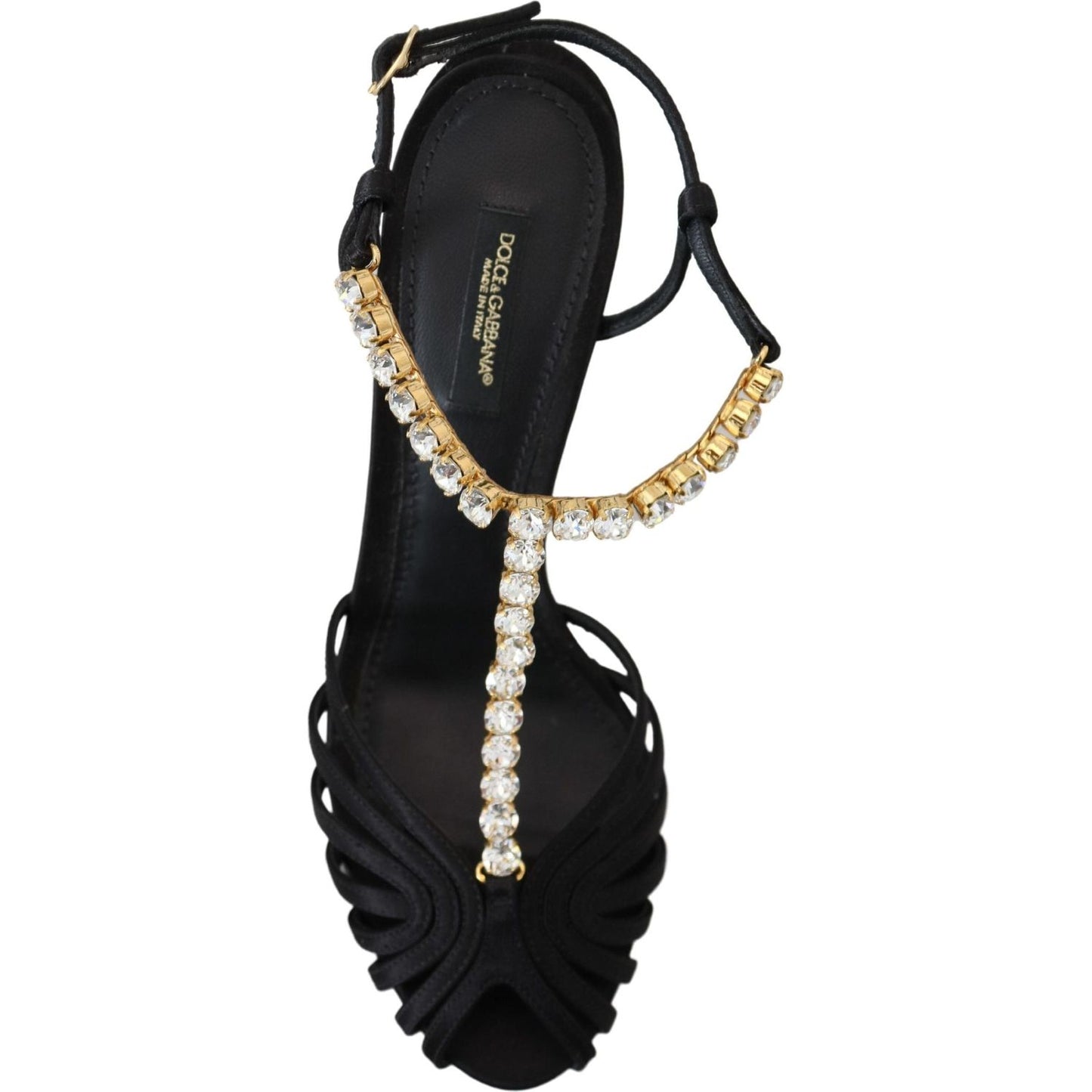 Dolce & Gabbana Black Satin Clear Crystal T-strap Sandal Shoes