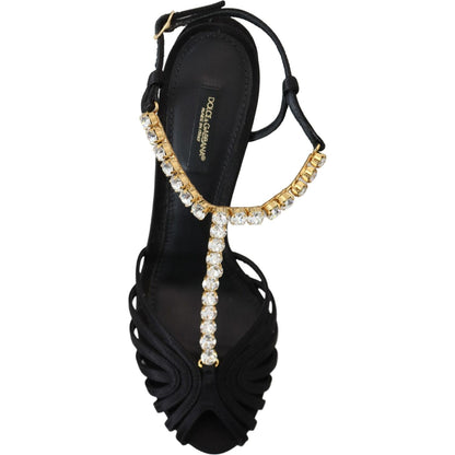 Dolce & Gabbana Black Satin Clear Crystal T-strap Sandal Shoes