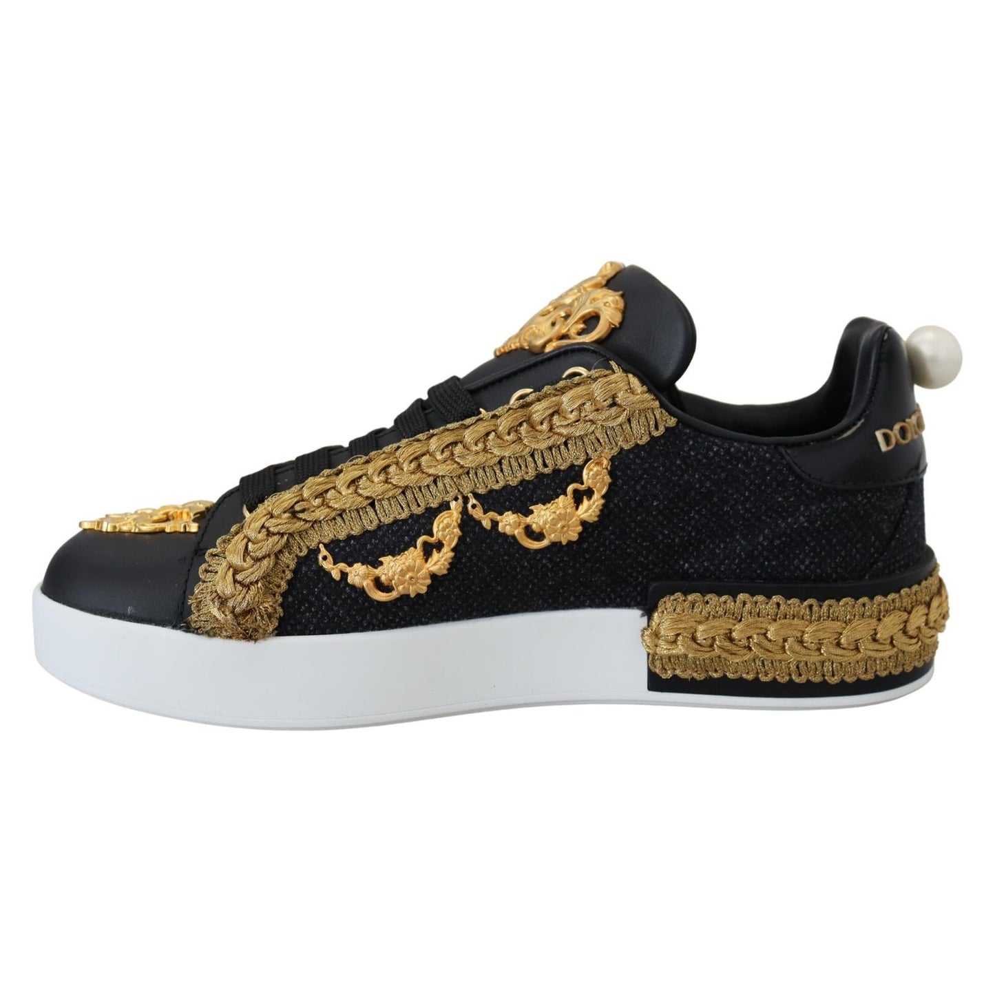 Dolce & Gabbana Black Gold Baroque Portofino Leather Sneakers Shoes
