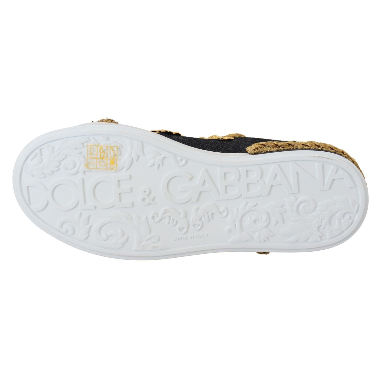 Dolce & Gabbana Black Gold Baroque Portofino Leather Sneakers Shoes