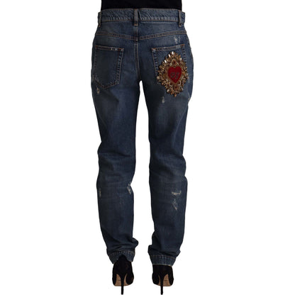 Dolce & Gabbana Blue Denim Baroque Heart Logo Patch Pants Jeans