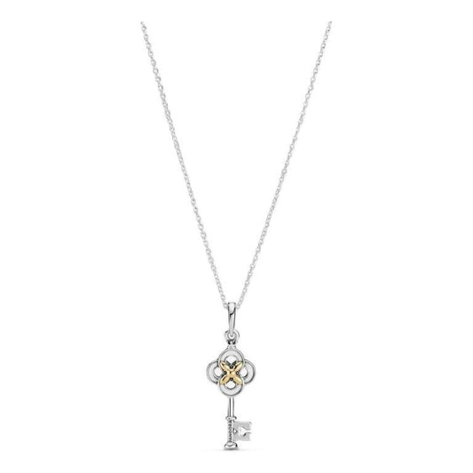 PANDORA JEWELS Mod. TWO-TONE KEY & FLOWER NECKLACE DESIGNER FASHION JEWELLERY PANDORA