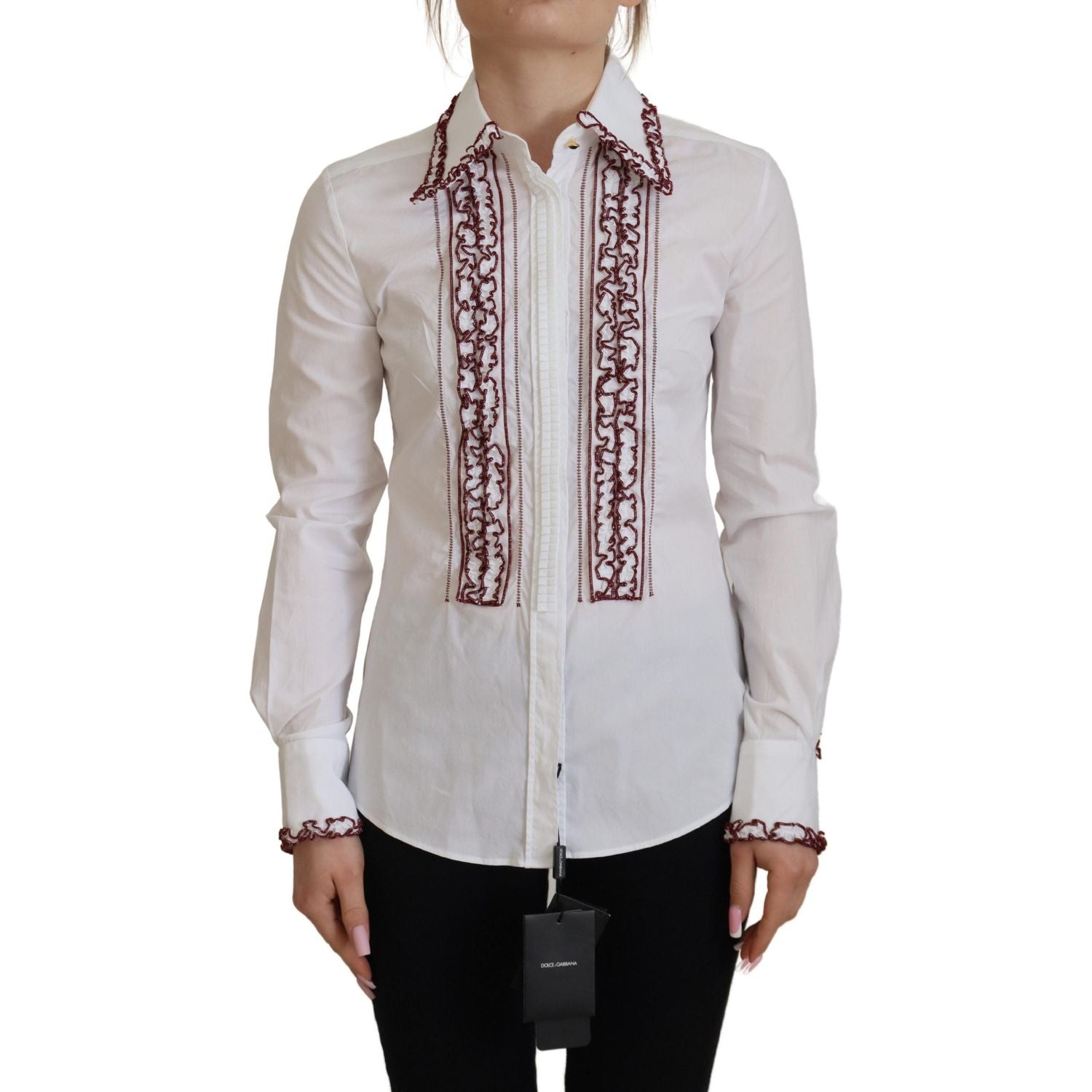 Dolce & Gabbana White Lace Long Sleeves Ruffle Collar Top