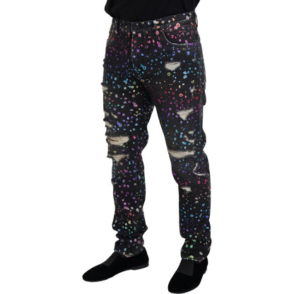 Dolce & Gabbana Black Multicolor Print Tattered Denim Jeans