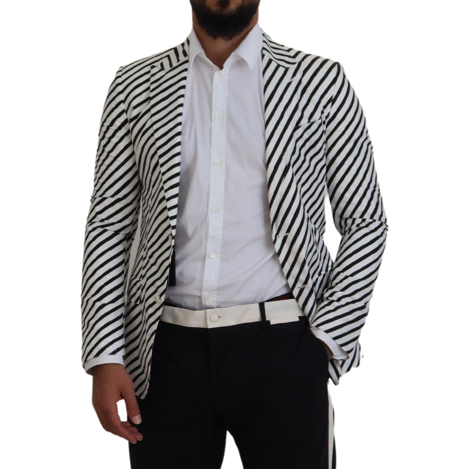 Dolce & Gabbana White Black Striped Slim Fit Jacket Blazer
