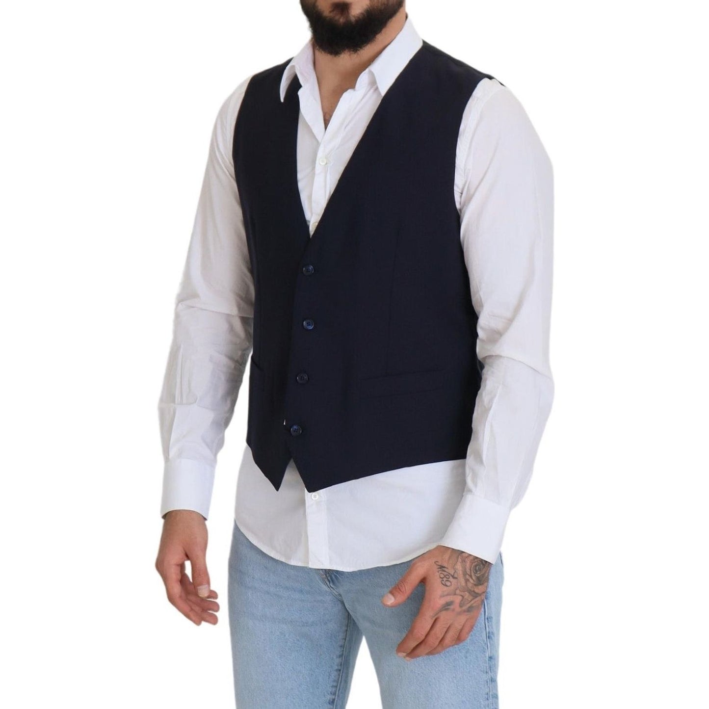Dolce & Gabbana Dark Blue Wool Stretch Waistcoat Formal Vest