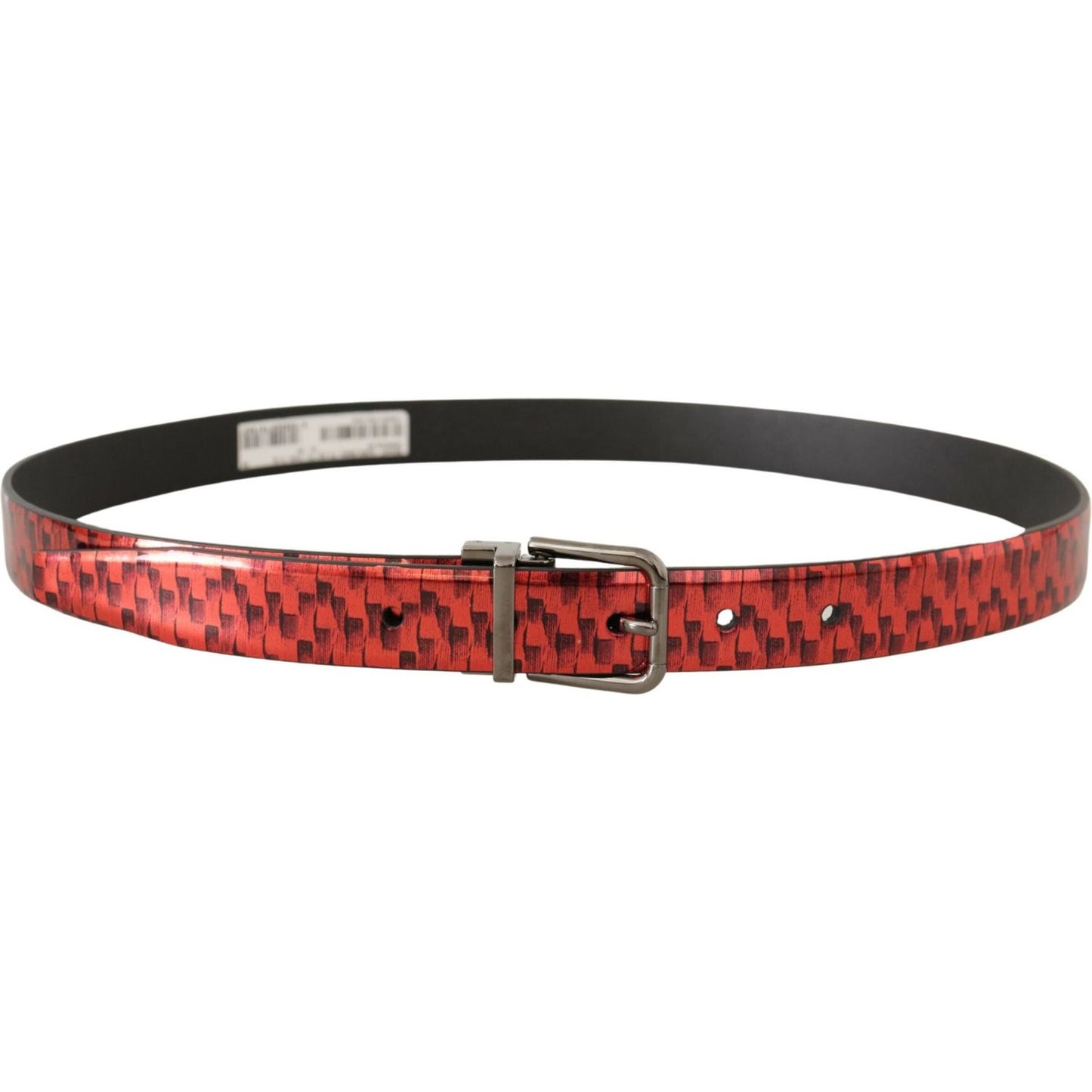 Dolce & Gabbana Red Herringbone Leather Gray Tone Buckle Belt