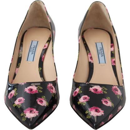 Prada Black Leather Floral Heels Stilettos Pumps Prada