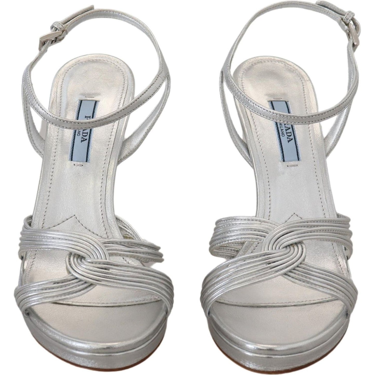 Prada Silver Leather Sandals Ankle Strap Heels Stiletto Prada