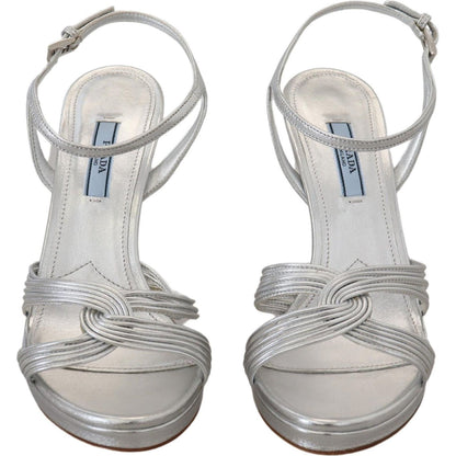 Prada Silver Leather Sandals Ankle Strap Heels Stiletto Prada