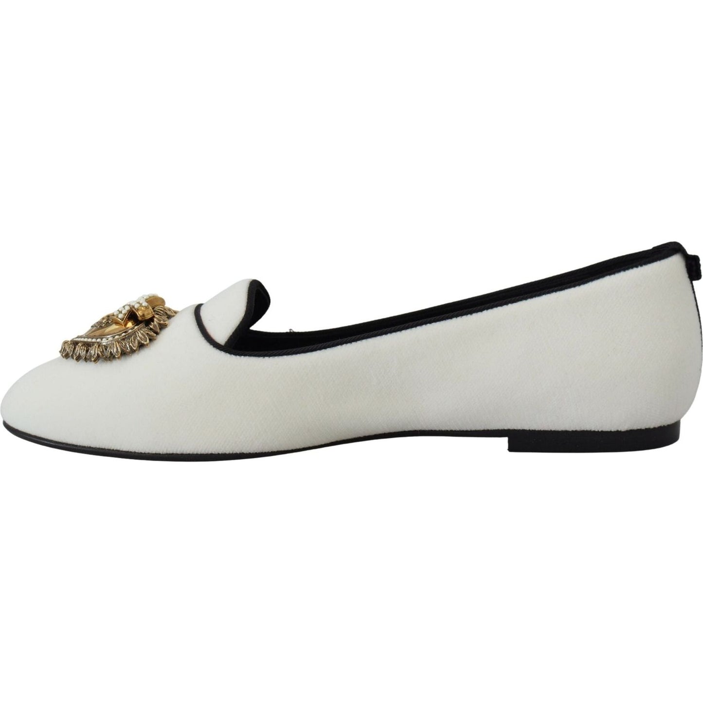 Dolce & Gabbana Elegant White Velvet Loafers with Gold Heart Detail Dolce & Gabbana