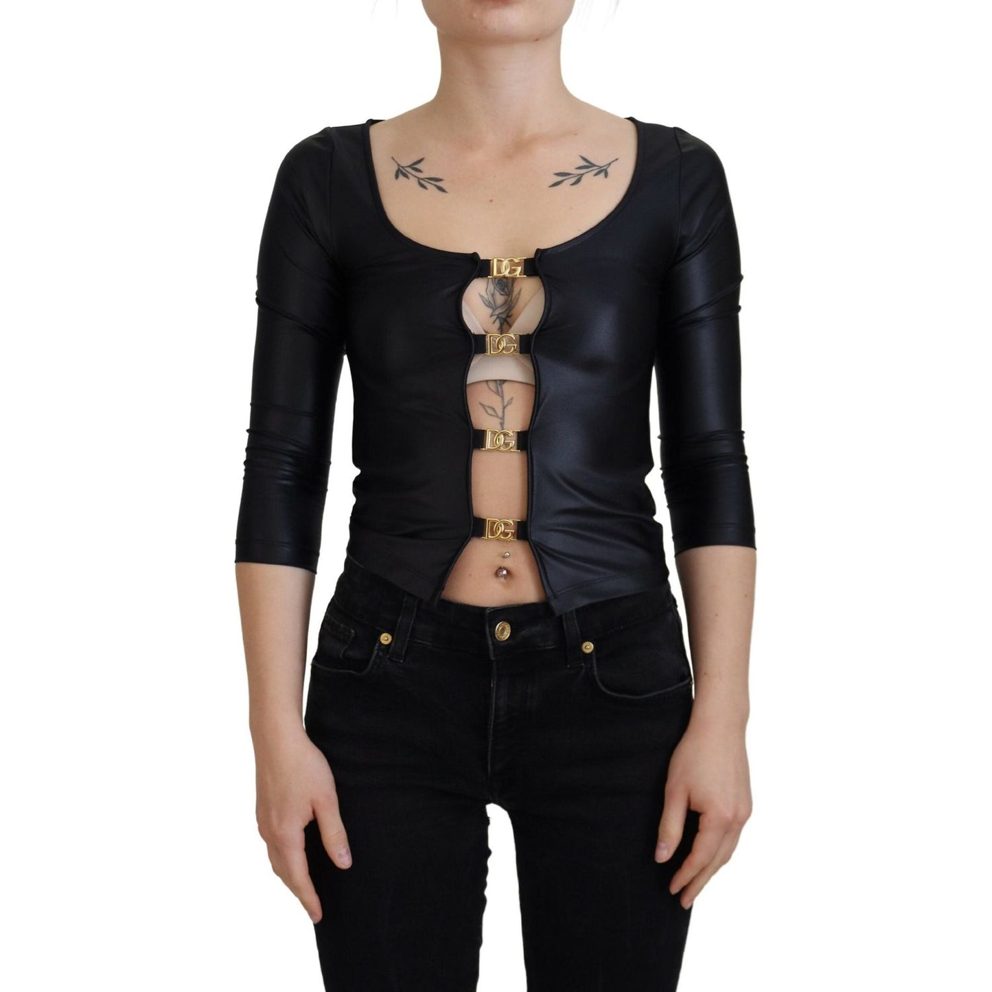 Dolce & Gabbana Elegant Black 3/4 Sleeve Top with Gold Detailing Dolce & Gabbana