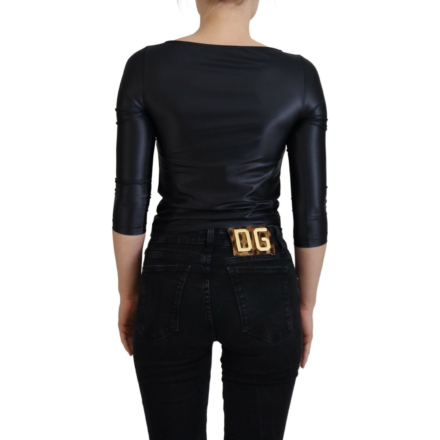 Dolce & Gabbana Elegant Black 3/4 Sleeve Top with Gold Detailing Dolce & Gabbana