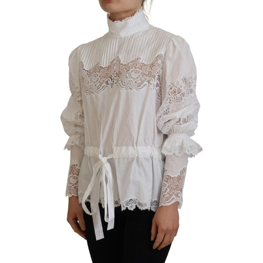 Dolce & Gabbana Elegant White Lace Trim Cotton Blouse Dolce & Gabbana