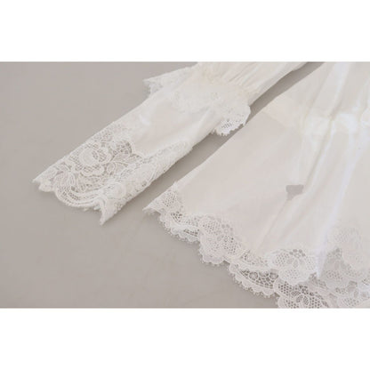 Dolce & Gabbana White Cotton Lace Trim Turtle Neck Blouse Top