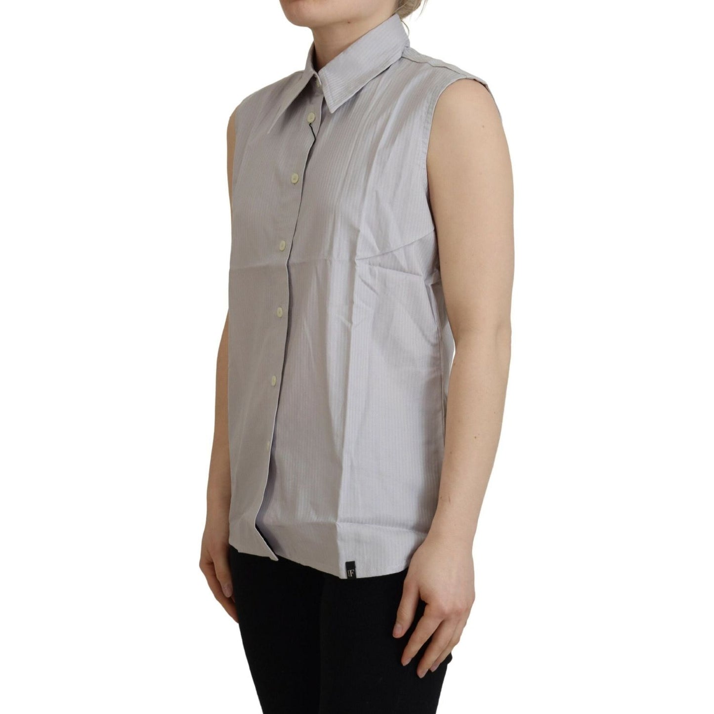 Ferre Light Gray Stripes Cotton Sleeveless Collared Top Ferre