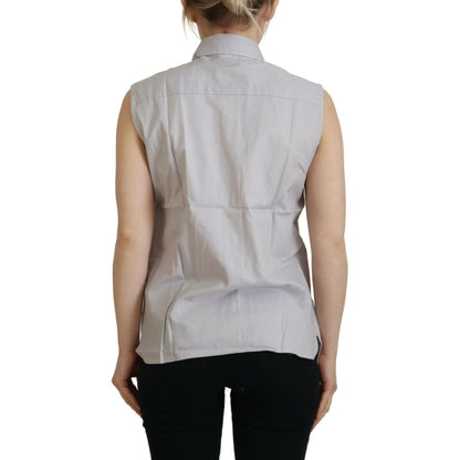 Ferre Light Gray Stripes Cotton Sleeveless Collared Top Ferre