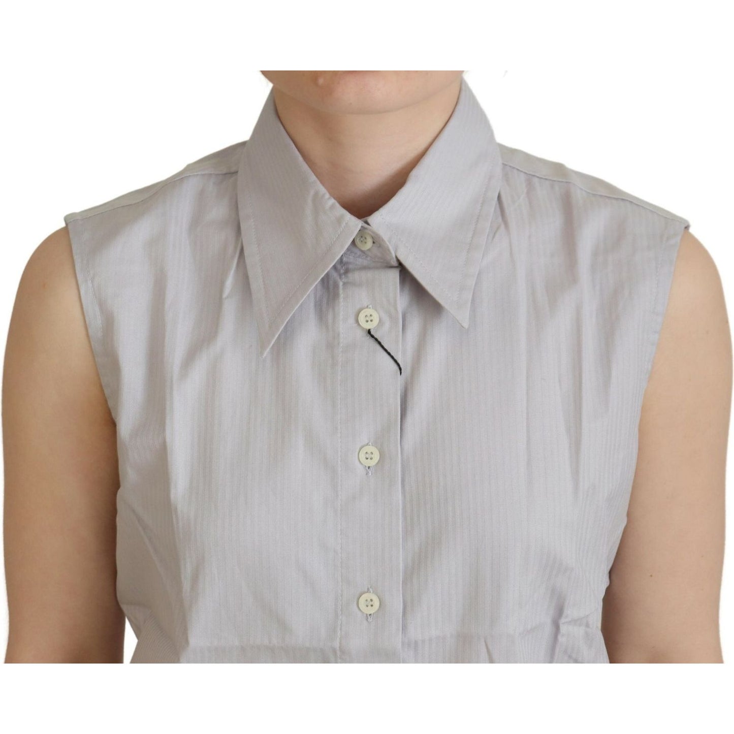 Ferre Light Gray Stripes Cotton Sleeveless Collared Top Ferre