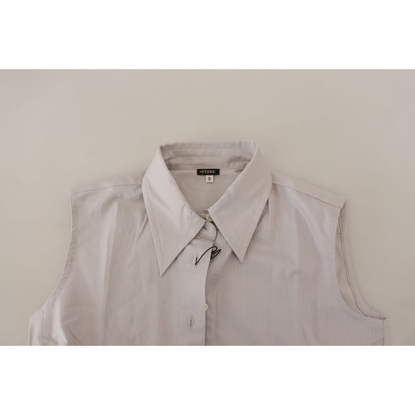 Ferre Light Gray Stripes Cotton Sleeveless Collared Top Ferre