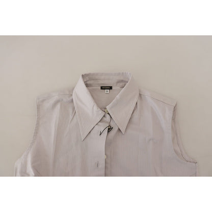 Ferre Light Gray Stripes Cotton Sleeveless Collared Top Ferre