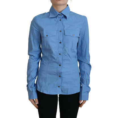 Ferre Blue Cotton Long Sleeves Collared Button Down Top Ferre