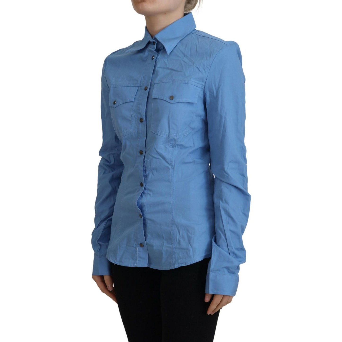 Ferre Blue Cotton Long Sleeves Collared Button Down Top Ferre