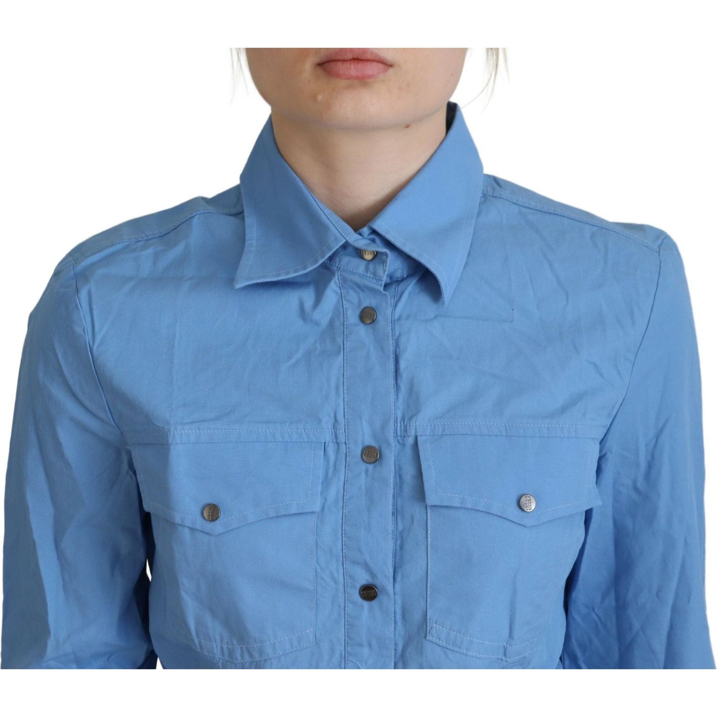 Ferre Blue Cotton Long Sleeves Collared Button Down Top Ferre