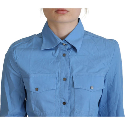 Ferre Blue Cotton Long Sleeves Collared Button Down Top Ferre