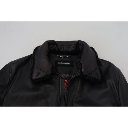 Dolce & Gabbana Black Lamb Leather Collared Men Coat Jacket