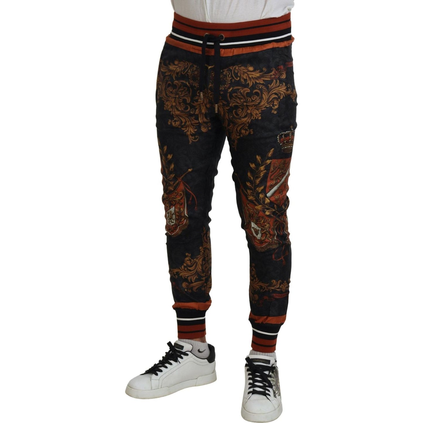 Dolce & Gabbana Gray Silk Baroque Crown Trousers Sport Pants