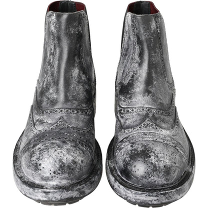 Dolce & Gabbana Black Gray Leather Ankle Boots Dolce & Gabbana