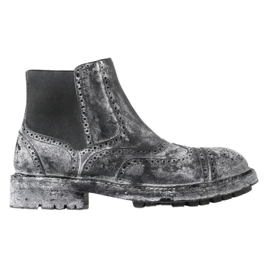 Dolce & Gabbana Black Gray Leather Ankle Boots Dolce & Gabbana