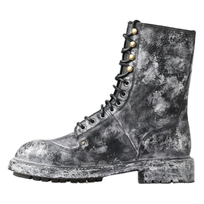 Dolce & Gabbana Black Gray Leather Mid Calf Boots Shoes Dolce & Gabbana