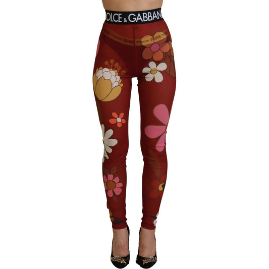 Dolce & Gabbana Red Floral Leggings Stretch Waist Pants Dolce & Gabbana
