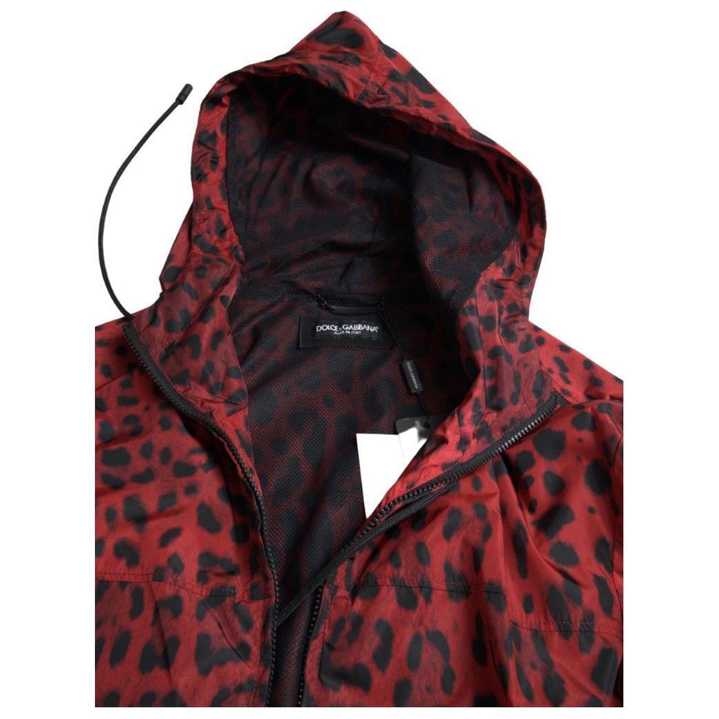 Dolce & Gabbana Red Leopard Hooded Bomber Full Zip Jacket 1728,67345645728,Bombers - Jackets & Coats - Clothing,Clothing,Dolce & Gabbana,IT48 | M,Jackets & Coats - Clothing,Jackets - Men - Clothing,Material: 100% Nylon,Men,Men - Clothing,New with tags,Red